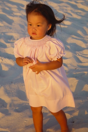 Kasen dressed up on the beach
